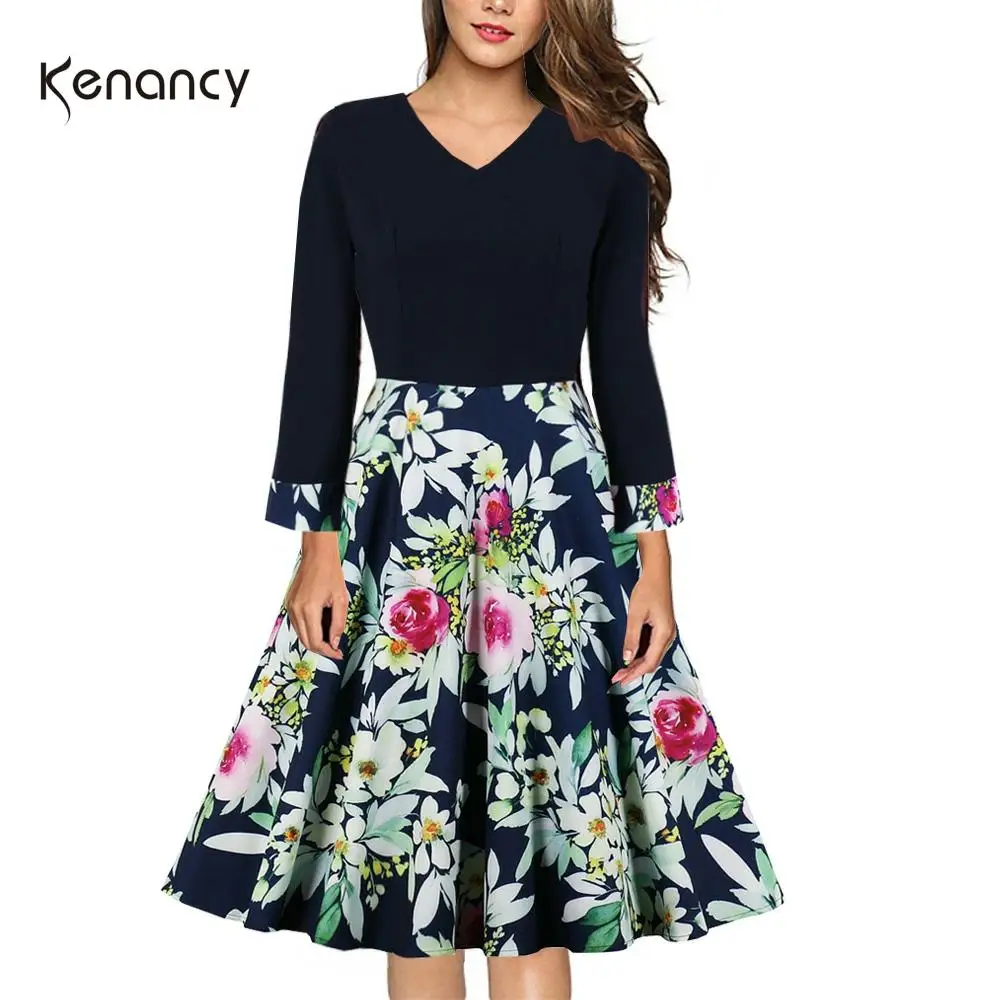 Женское винтажное платье с цветочным принтом V-образным вырезом и длинным