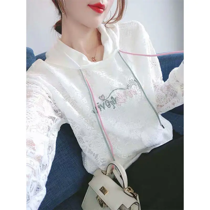 Женский свитер с кружевом Повседневный длинным рукавом и контрастной вышивкой