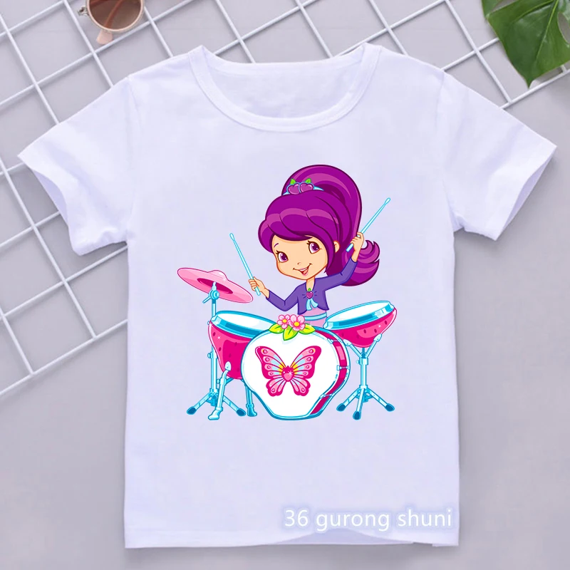 New arrival 2024 girls t-shirt cute strawberry music girl cartoon print girls clothes summer children tshirt white camisole tops