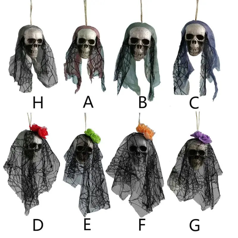 

Halloween Scary Hanging Foam Skull with Black Lace Veil Horror Ornaments for Home Garden Haunted House Bar Party Decoration