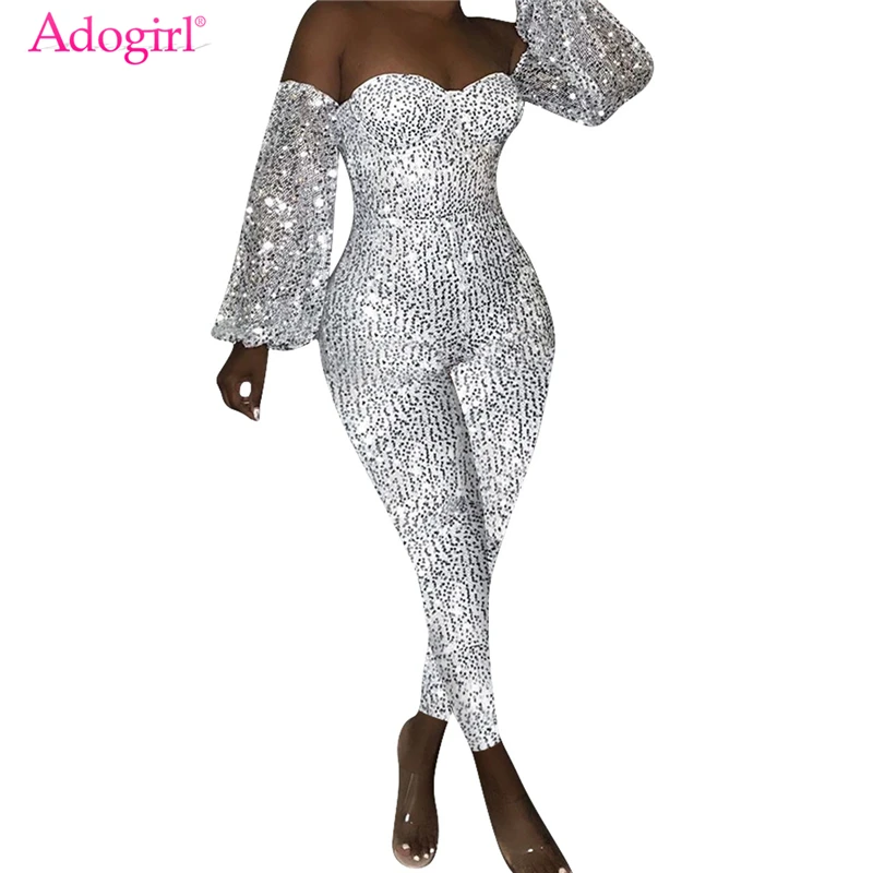 

Adogirl Women Sexy Off Shoulder Sequins Jumpsuits Strapless Long Lantern Sleeve Skinny Romper Night Club Party Overalls Outfits