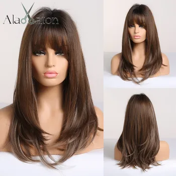 

ALAN EATON Long Straight Synthetic Hair Wigs for Black Women Afro Ombre Black Brown Ash Blonde Cosplay Wig with Bangs Layered
