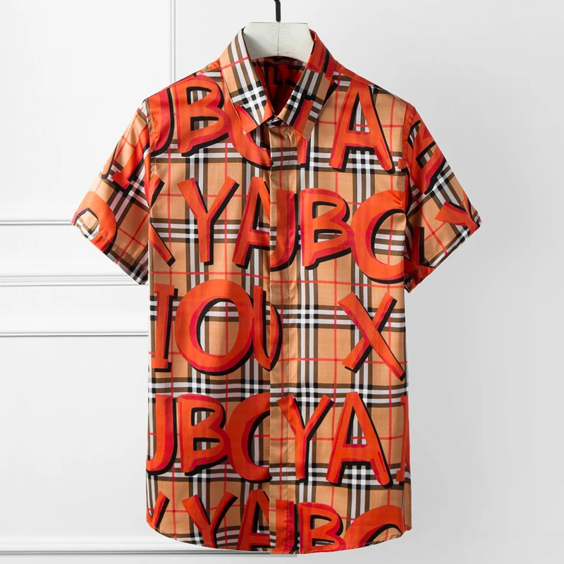 Брендовая рубашка для мужчин Модная хлопковая одежда с короткими рукавами и буквенным принтом Мужские повседневные мужские рубашки Slim fit больших размеров Camisa