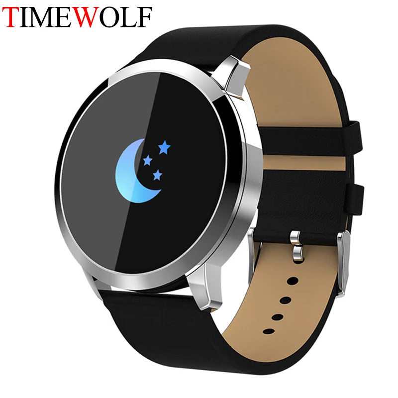 Смарт-часы Timewolf Q8, OLED, цветной экран, умные часы для женщин, модный фитнес-трекер, монитор сердечного ритма для Android, Apple Phone - Цвет: Silver Black Leather