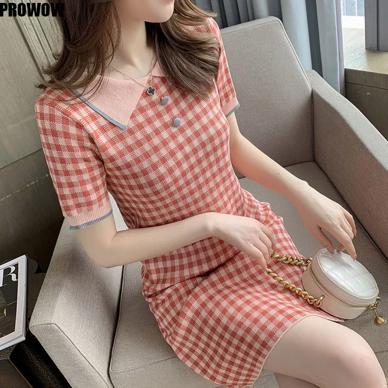 Summer 2020 New Women Plaid Polo Collar Straight Dress Female Korean Japanese Short Sleeve Mini Sweet Dress Ladies