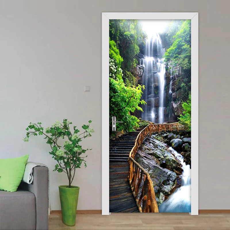 Waterfall Door Stickers PVC Self-adhesive Waterproof 3D Nature Landscape Wallpaper For Living Room Bedroom Door Mural Sticker self adhesive pvc flooring planks 2 51 m² 2 mm elm nature