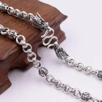 

Pure 925 Sterling Silver Necklace Width 7mm Six-word Mantra Beads Dragon Head Rolo Link Chain 21.65"L 23.62"L 25.59"L For Man