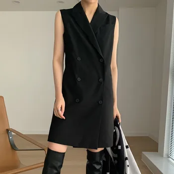 

Fashion Sleeveless Vest Mini Dress Women Double-breasted Elegant Office Ladies Cardigan Coat Top 2020 New