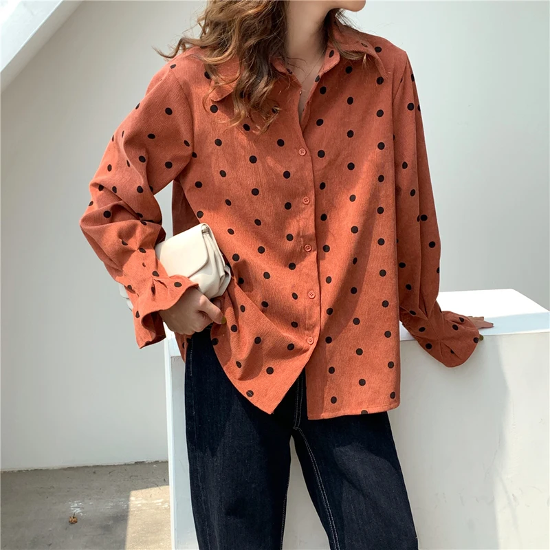 incredible Korea Winter Jacket Women 2019 Autumn New Lapel Loose Single-Breasted Corduroy Polka Dot Long Sleev