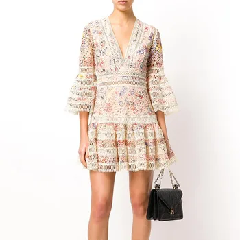 

Paris Girl Summer New Vintage Palace Style Printing Lace Hollow Embroidery V-Neck Dress Female A-Line Dresses Women