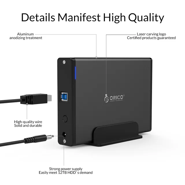 ORICO 3.5 HDD Enclosure for 2.5/3.5 Inch HDD Case SATA to USB 3.0 5Gbps Aluminum Hard Drive Reader with 12V2A Power Adapter 4