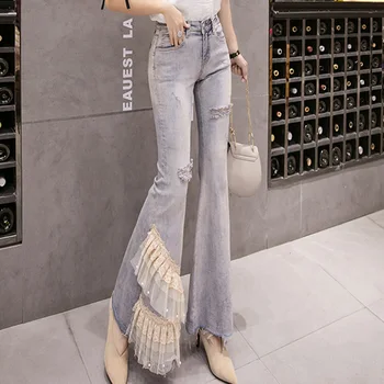 

2020 Spring Hole Patchwork Jeans Pants Laces Elegant Female Flared Wide Legs Slim Pants High Waist Ladies Harajuku Long Trousers
