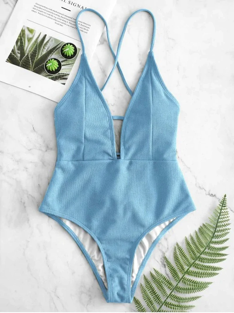 CPUTAN 2020 Brown Solid One piece Swimsuit Women Deep V neck Halter Backless Slim Monokini Girls New Cut Out Swimwear S-L
