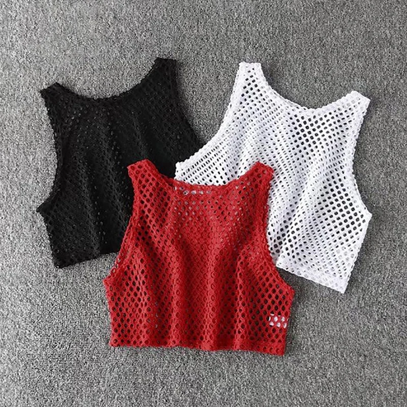 Sexy schwarz / rot aushöhlen Crop Top 2020 Mesh T-Shirt weiblich lose Mode Sommer Basic Tops für Frauen Netzhemd