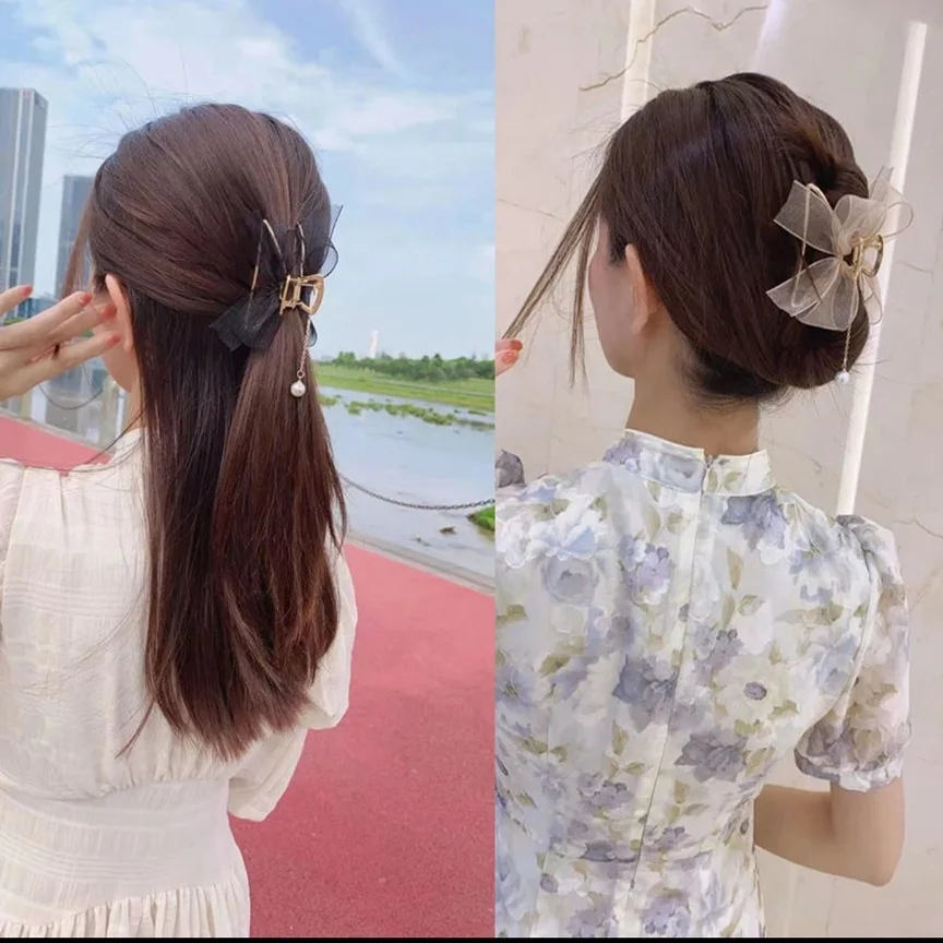 Bilandi 2021 New Metal Hair Claw Clips With Chain Tassel Glass Beads Butterfly Bow Dangle Hair Clips  For Women Hair Accessories