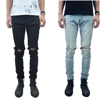 

2019 Knee Hole Men Jeans Gao Street Tide Men Elastic Force Feet Pants Jeans