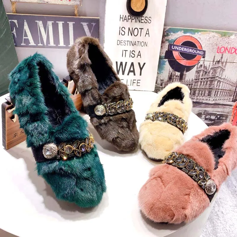

Crystal Decor Winter Warm Fur Flats Female Casual Loafers Platform Creepers Women Espadrilles Flat Shoes Woman