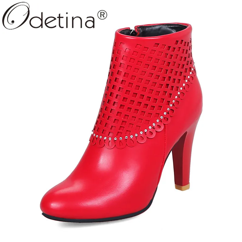 

Odetina Women Spike High Heel Ankle Boots With Rhinestone Round Toe Comfort Booties Side Zip Up Winter Dress Shoes Plus Size 43