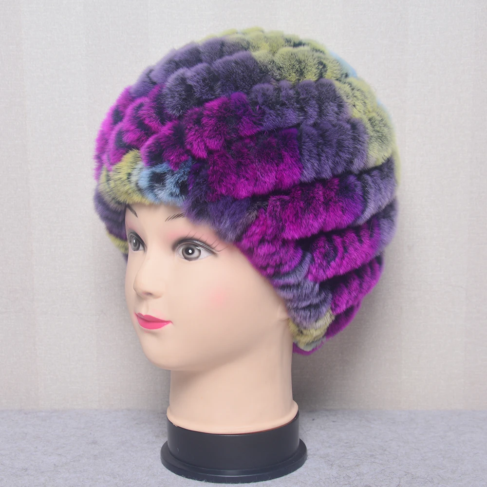 Fashion Women's Cap Real Rex Rabbit Fur Winter Fur Hat For Women Russian Real Fur Knitted Cap Headgear Winter Warm Beanie Hats 4