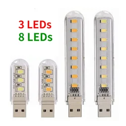 Mini lampe USB Portable à 3 ou 8led, 5v dc, idéale pour l'étude, Power Bank, PC, ordinateur Portable, Notebook 