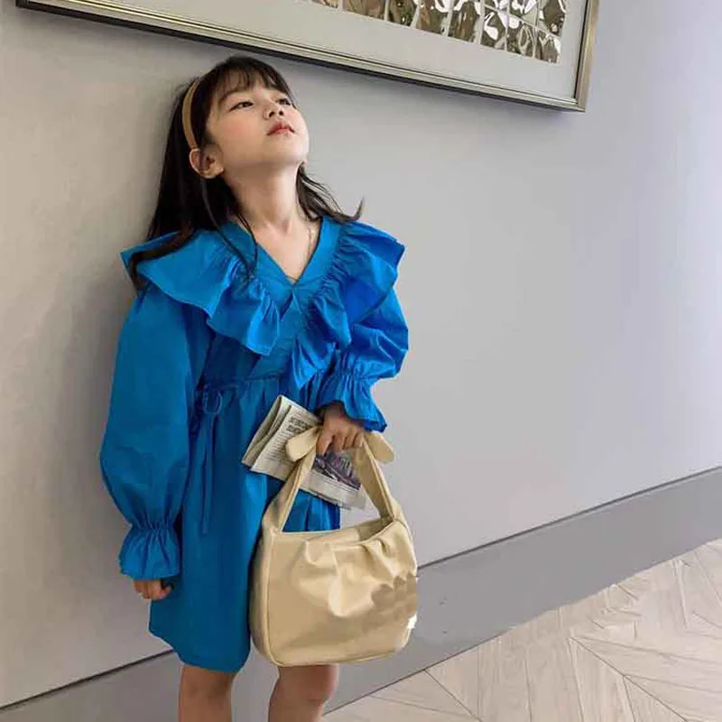 Spring Autumn Girls' Dress Temperament Costumes Pure Color Stitching Long-Sleeved Princess Dress Baby Kids Children'S Clothing