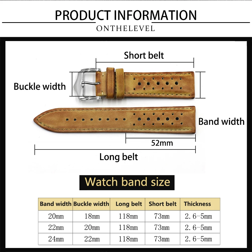 Vintage Genuin Leather Watchband 20mm 22mm 24mm Porous Breathable Handmade Stitching Watch Strap for Watch Accessories