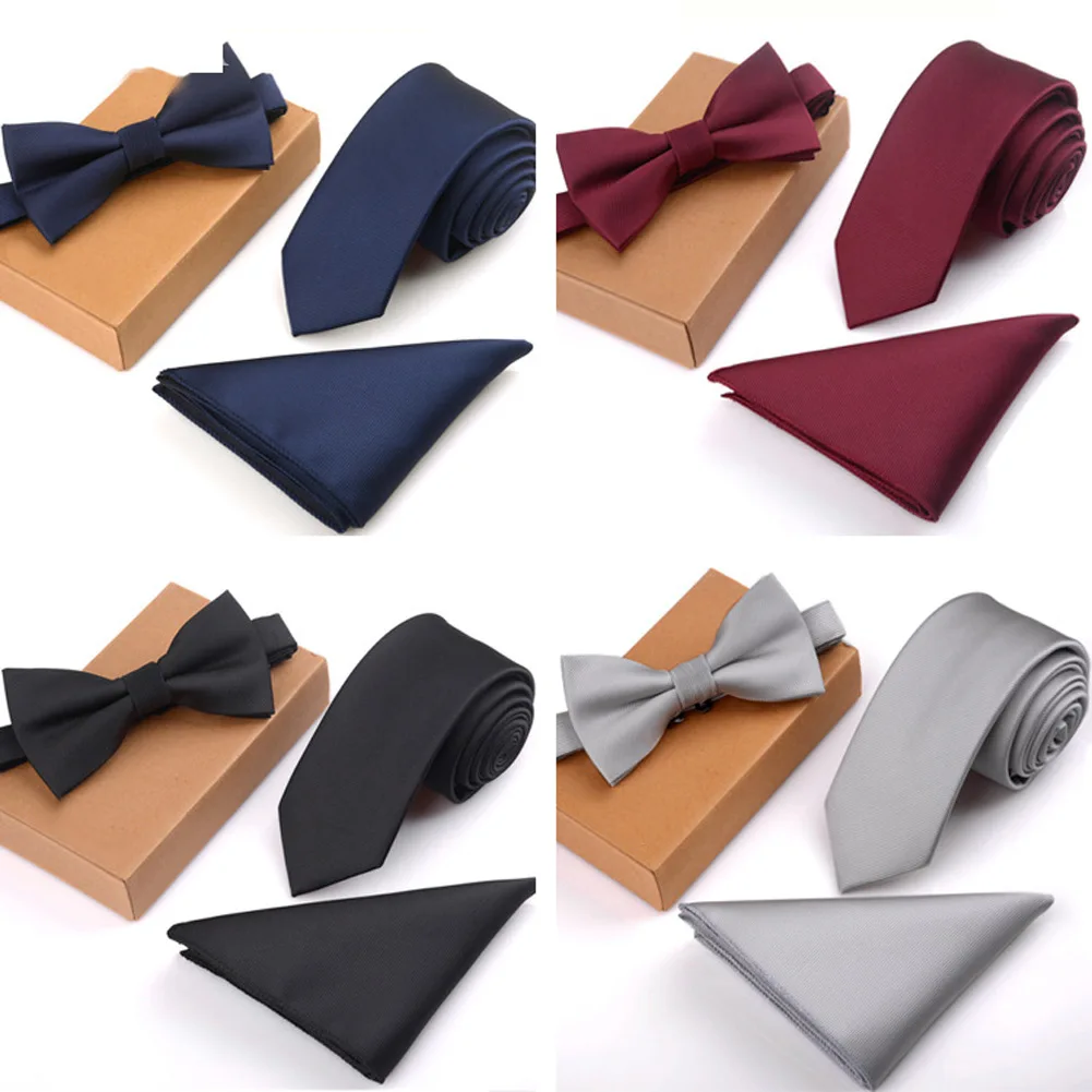  Newly 3 Pcs/Set Men Slim Tie Set Bow Tie Pocket Square Handkerchief + Bowtie + Necktie Kit Men's Gi