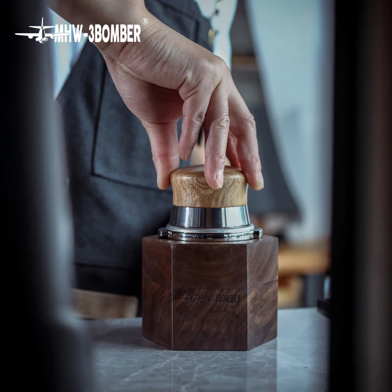 US $26.00 58mm Espresso Coffee Powder Base Hexagonal Solid Wood Handle Support Frame Horizontal Walnut Wood Coffee Filter T er Holder