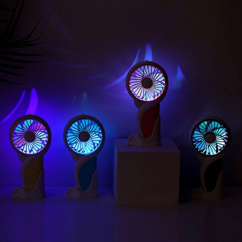 Handheld Electric Mini Portable Outdoor Fan Foldable Handle Desktop Cartoon Usb Rechargeable Fan With Led Light Cooling Fan