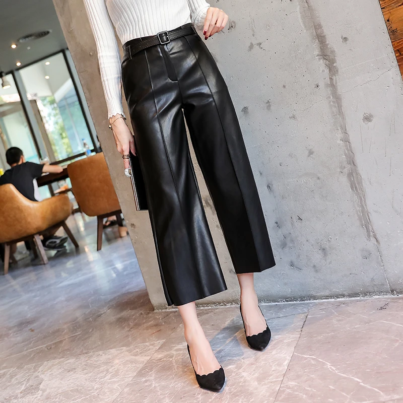 BGTEEVER Black Pu Leather Pants Women High Waist Belted Faux Leather Trousers Female Wide Leg Pants pantalon femme