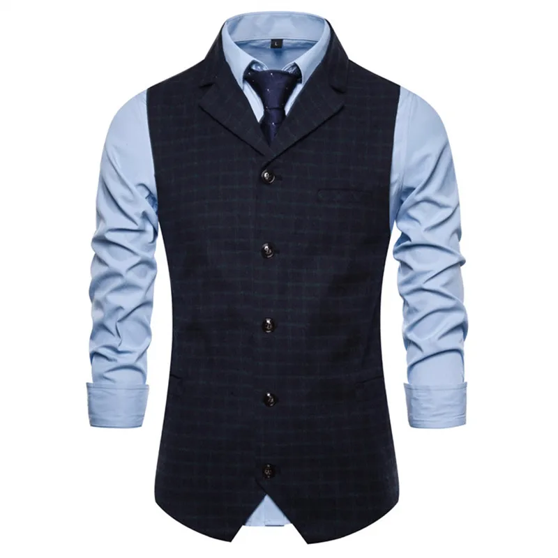 

9733 Autumn New Men's Fashion Suit Collar Casual-Style Men's Single-Breasted Plaid Vest