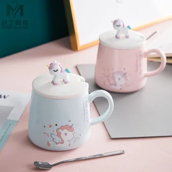 

Cute Unicorn ceramic water cup creative cartoon mug with lid spoon 3D relief animal water cup
