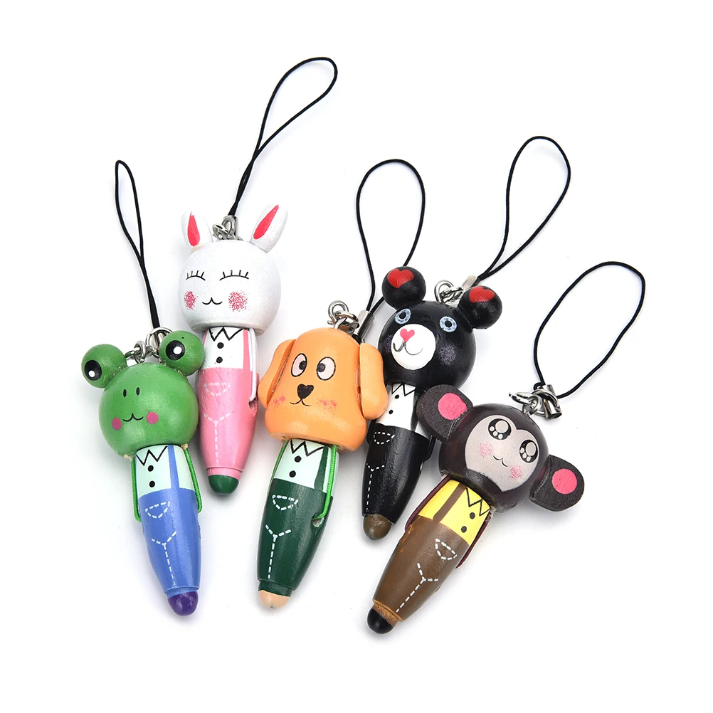 Wooden Cute Cartoon Animals Short Pens Mobile Phone Pendant Wood Ballpoint Pen 1PC