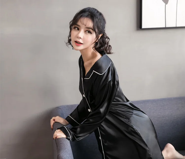 Night Robe Sleepwear Dress Women Sleepwear Female Spring And Autumn Model Silk Long Sleeve Nightdress Plus-sized Size Shirt Robe