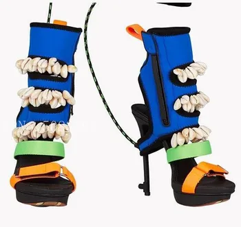 

Blue Suede String Bead shell Summer Ankle Boots Women Sandals Slingbacks High Heels Hook & Loop Toe Zipper Platform Shoes