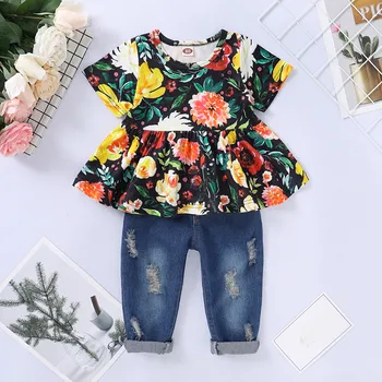 

Fashion Toddler Girls Clothes Set Summer 2020 Floral Print Tops Hole Denim Pants 2PCS Baby Girls Outfits 1Y-3Y Children's Sets