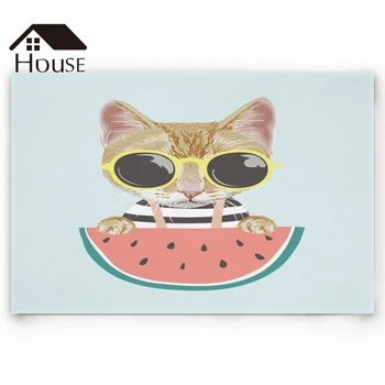 

Cute Cat with Watermelon Bath Rugs Cartoon Animals Non-Slip Doormat Door Mat Bathroom Accessories