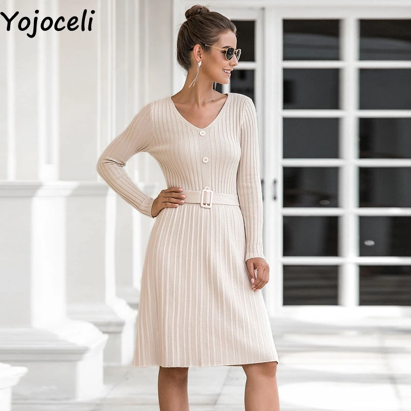 

Yojoceli Elegant sashes button knitted dress women Autumn winter warm sweater dress Casual daily soft basic knitting dresses