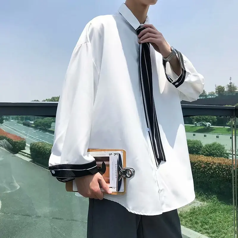 

Dress Shirt Men's Fashion Social Men Shirt Gray Black White Tie Shirt Man Streetwear Loose Long-sleeved Shirts Mens M-3XL