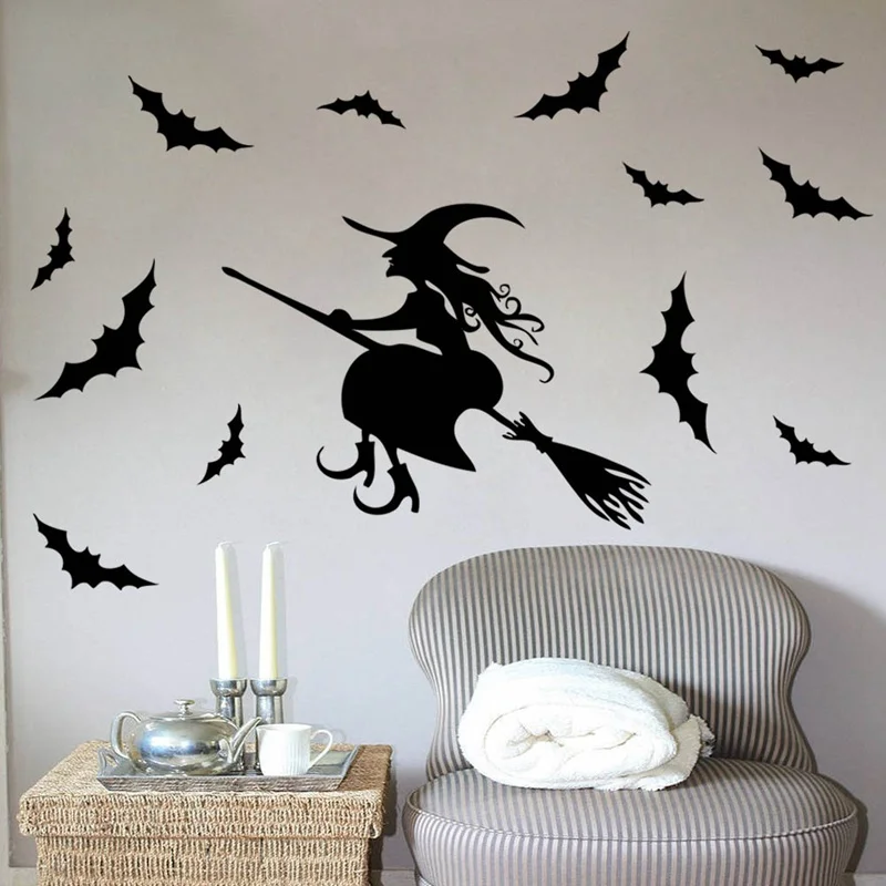 

Halloween Bats And Witch Pattern Wall Stickers Home Party Decoration Diy Window Decals Festival Vinyl Posters Art Mural Decals