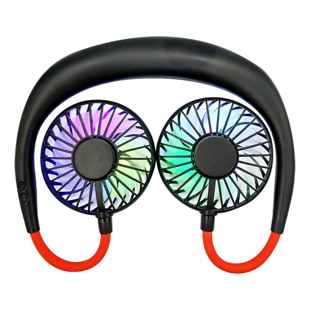 

USB Fan Portable 1PC LED Light USB Rechargeable Neckband Lazy Neck Hanging Style Dual Cooling Fan Mini Hand Free Fan