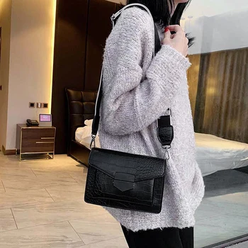 

NEW-Handbag for Women Leather Women Bags Wide Shoulder Strap Small Square Bag with Stone Grain