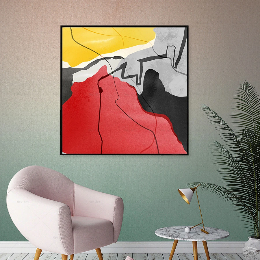 Abstract Red Yellow Black Gray White Blocks Line Canvas Wall Art Modern Painting Poster Print For Living Room Home Decor Painting Calligraphy Aliexpress
