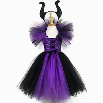 

Girls Maleficent Witch Tutu Dress Kids Black Purple Crochet Tulle Dress Ball Gown with Hairbow Children Halloween Costume Dress