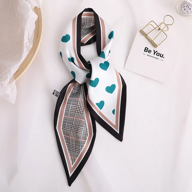 Sweet Love Print Women Small Silk Scarf Handle Bag Ribbons Female Head Scarves Sharp angle Green 90*10cm 43