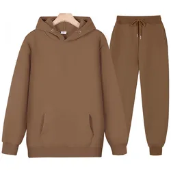 Survêtement 2 Pièces en Molleton pour Homme et Femme, Sweat à Capuche, Décontracté, Couleur Unie, Pull Épais et Pantalon Long, Tenue de Sport et Jogging, Automne, Nouveauté 