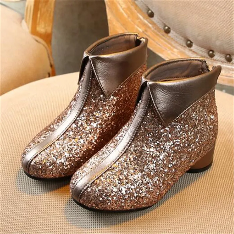 champagne Weoneit Kids Princess Shoes Children Ankle Boots PU Leather Sequin Autumn Winter Boots New Girls High-heeled Boots CN 26-37 - Цвет: champagne
