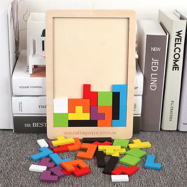 Colorful 3D Puzzle Wooden Tangram Math Toys Tetris Game Children Pre-school Magination Intellectual Educational Toy for Kids 4