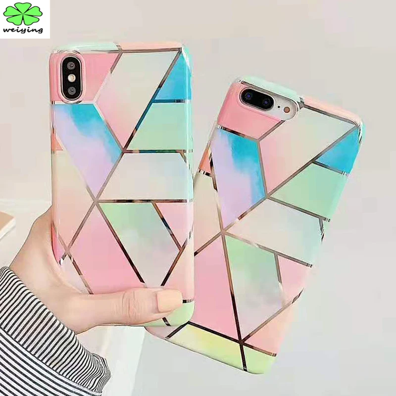 

Colorful Geometric Marble Texture Phone Case For iPhone XR XS Max 6 S 6S 7 8 Plus X Soft IMD Electroplated Back Cover Coque Gift
