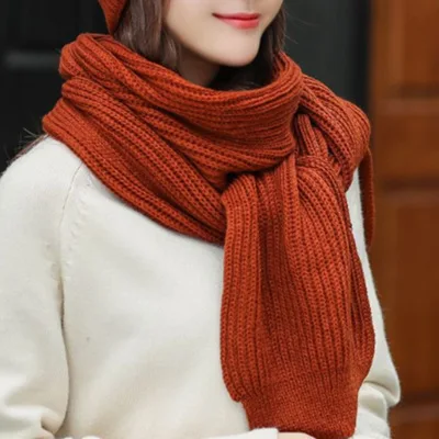 Зимний женский комплект с шарфом и шапкой, зимняя теплая вязаная шапочка с помпоном дамская шляпа без полей, комплект с шарфом, шапка и шарф, зимний комплект - Цвет: Scarf caramel